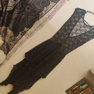 Witchy lace see-thru dress with deep v back, size M